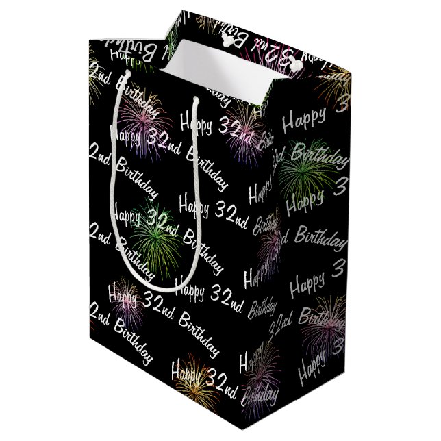 Happy 32nd Birthday fireworks on black Medium Gift Bag (Back Angled)