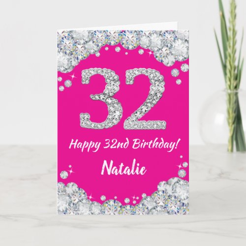 Happy 32nd Birthday Hot Pink Silver Glitter Card