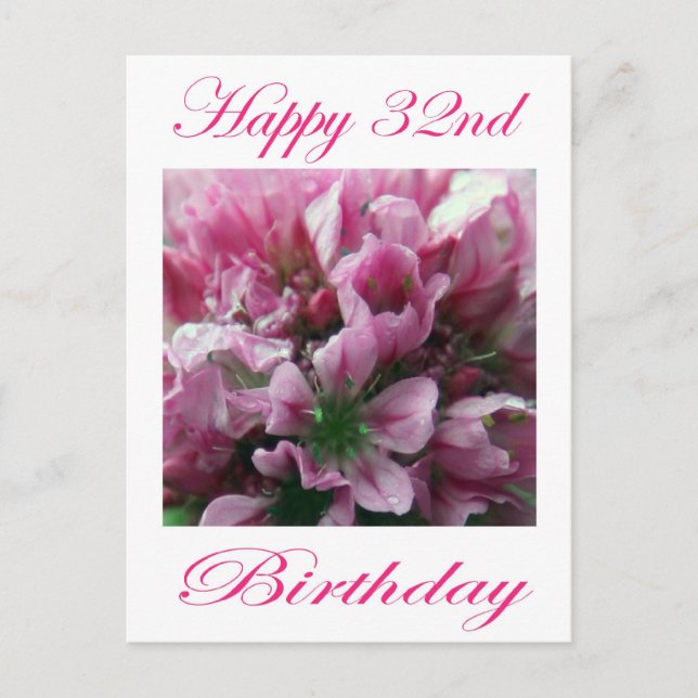 Happy 32nd Birthday Pink and Green Flower Postcard (Front)