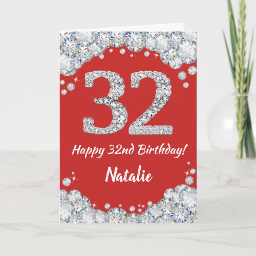 Happy 32nd Birthday Red and Silver Glitter Card