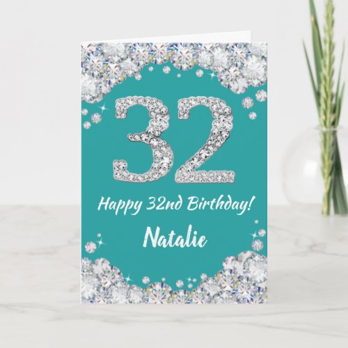 Happy 32nd Birthday Teal and Silver Glitter Card