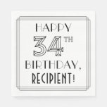 [ Thumbnail: Happy 34th Birthday; Art Deco Style; Custom Name Napkins ]