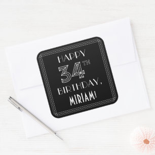 HAPPY 34TH BIRTHDAY; Art Deco Style; Custom Name Square Sticker