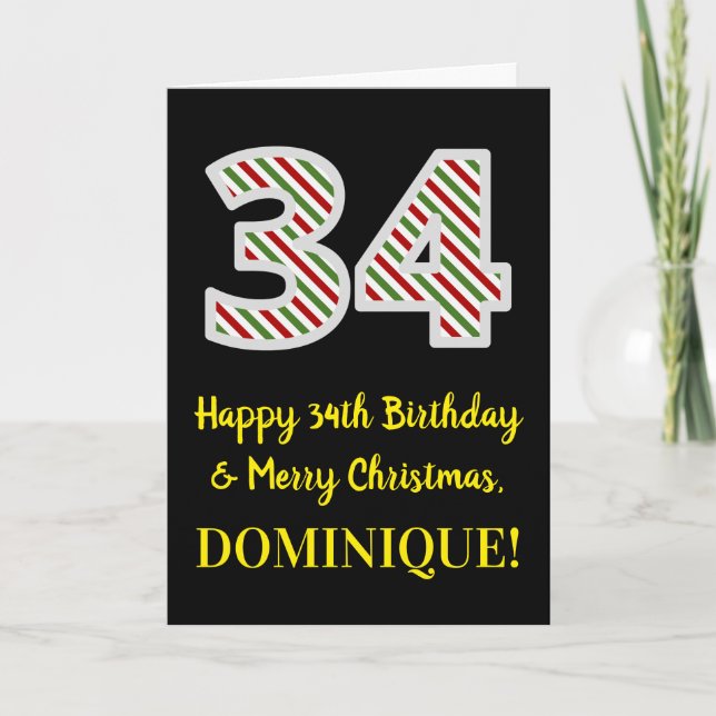 Happy 34th Birthday & Merry Christmas, Custom Name Card (Front)