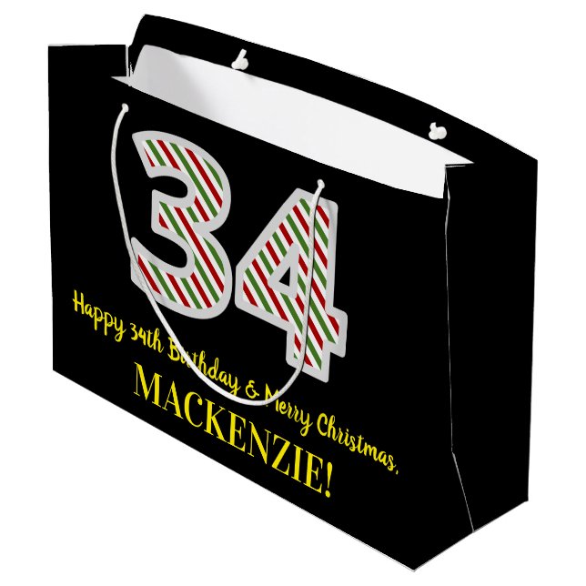 Happy 34th Birthday & Merry Christmas, Custom Name Large Gift Bag (Back Angled)