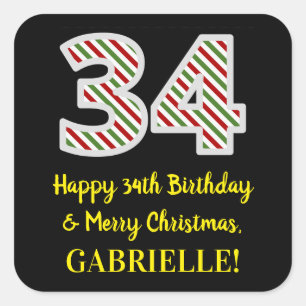 Happy 34th Birthday & Merry Christmas, Custom Name Square Sticker