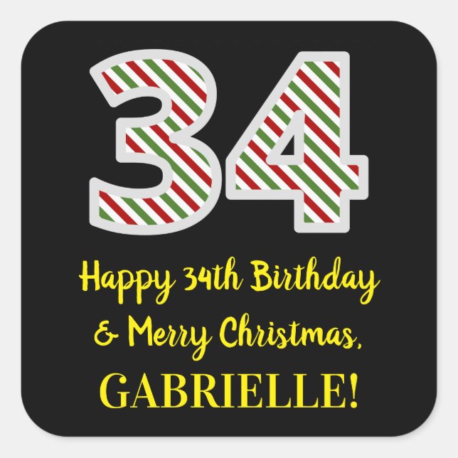 Happy 34th Birthday & Merry Christmas, Custom Name Square Sticker (Front)