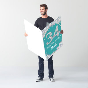 Happy 34th Birthday Teal and Silver Glitter Jumbo Card