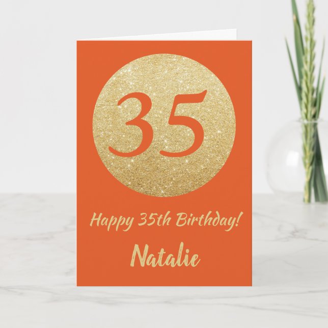 Happy 35th Birthday Orange and Gold Glitter Card (Front)