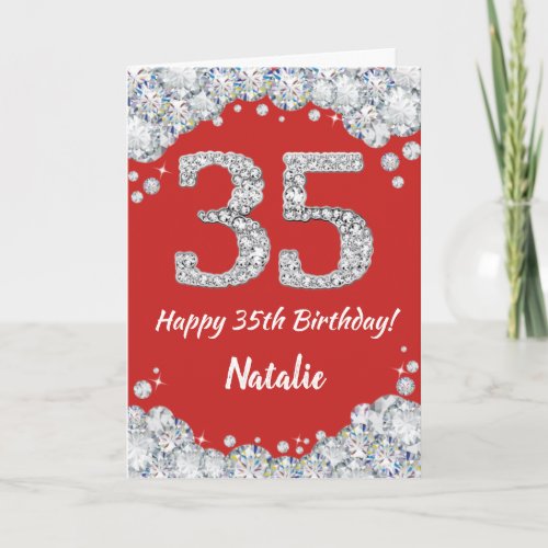 Happy 35th Birthday Red and Silver Glitter Card