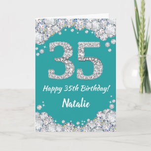 Happy 35th Birthday Teal and Silver Glitter Card
