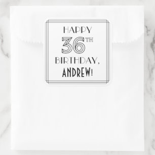 HAPPY 36TH BIRTHDAY, Art Deco Style, Custom Name Square Sticker