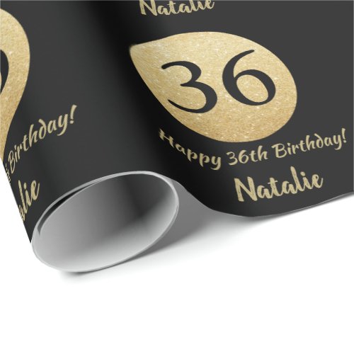 Happy 36th Birthday Black and Gold Glitter Wrapping Paper