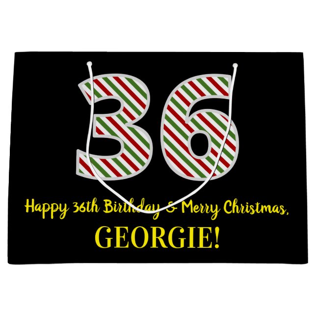 Happy 36th Birthday & Merry Christmas, Custom Name Large Gift Bag (Front)
