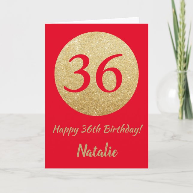 Happy 36th Birthday Red and Gold Glitter Card (Front)
