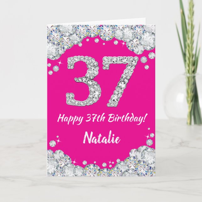 Happy 37th Birthday Hot Pink and Silver Glitter Card (Front)