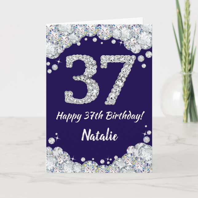 Happy 37th Birthday Navy Blue and Silver Glitter Card (Front)
