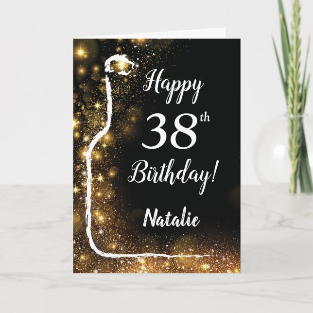 Happy 38th Birthday Black and Gold Glitter Wine Card (Front)