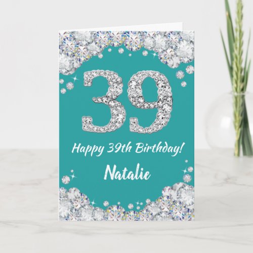 Happy 39th Birthday Teal and Silver Glitter Card