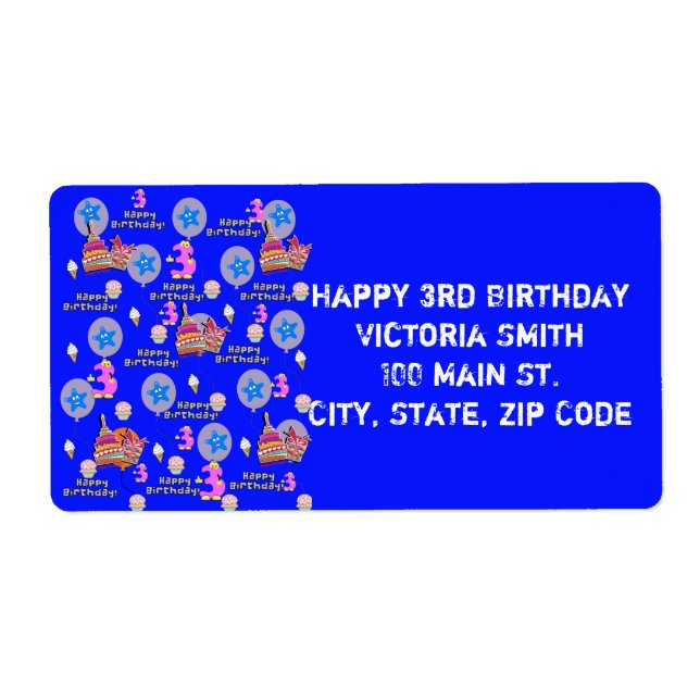 Happy 3rd Birthday Address Labels, Blue Label (Front)