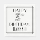 [ Thumbnail: Happy 3rd Birthday; Art Deco Style; Custom Name Napkins ]