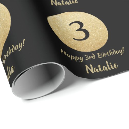 Happy 3rd Birthday Black and Gold Glitter Wrapping Paper