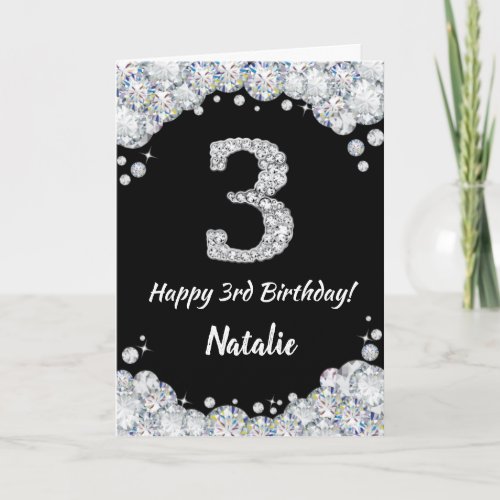 Happy 3rd Birthday Black and Silver Glitter Card