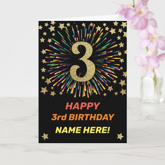 Happy 3rd Birthday Black & Gold Rainbow Firework Card (Orchid)