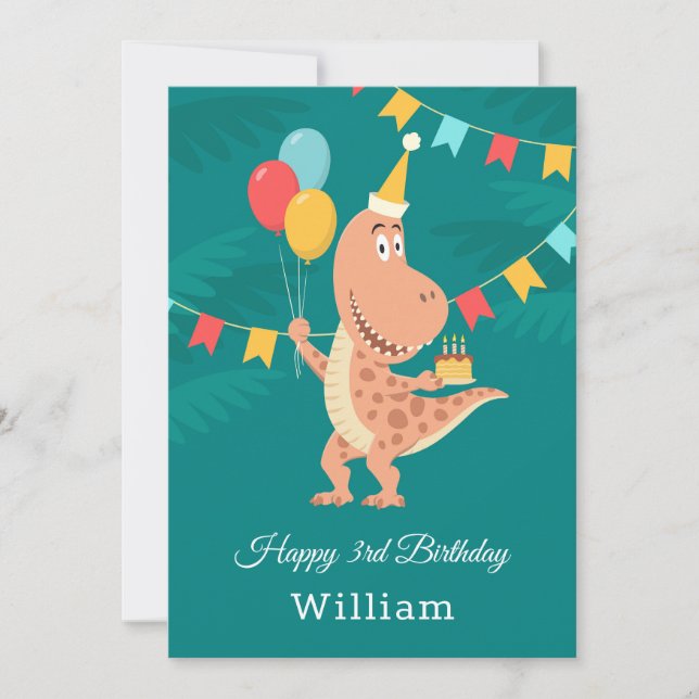 Happy 3rd Birthday Cake Balloon Cute Dinosaur Card (Front)