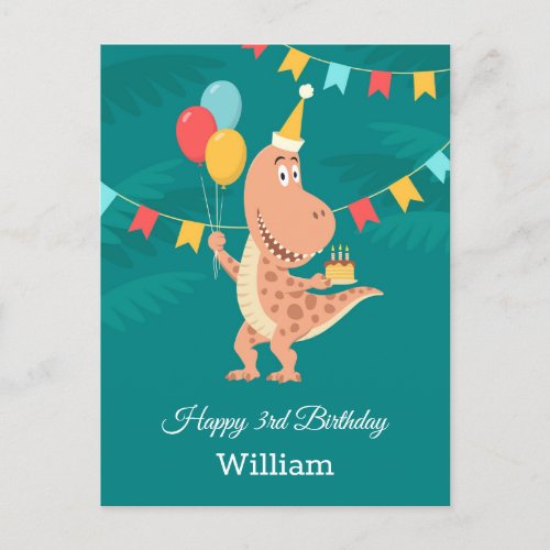 Happy 3rd Birthday Cake Balloon Cute Dinosaur Postcard