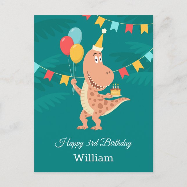 Happy 3rd Birthday Cake Balloon Cute Dinosaur Postcard (Front)