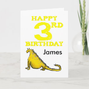 Happy 3rd birthday cartoon dinosaur in yellow boys card