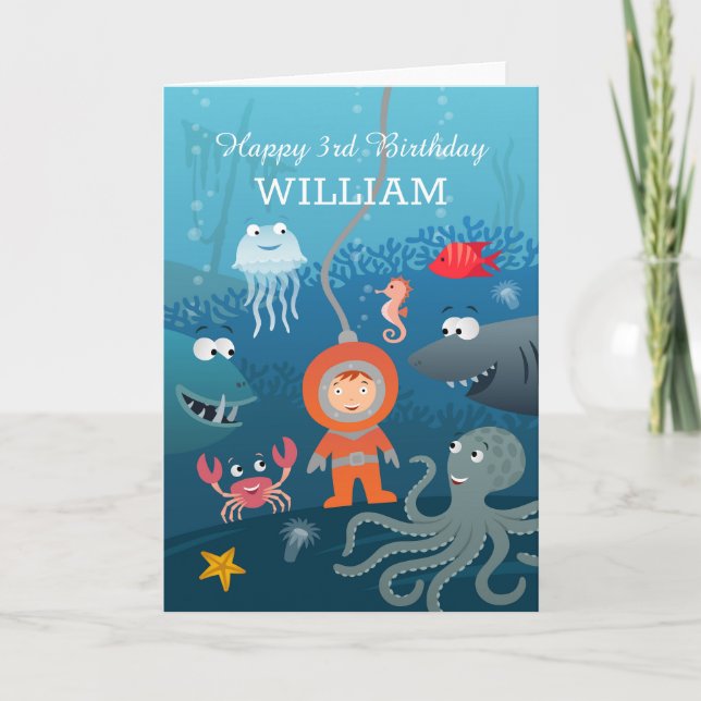 Happy 3rd Birthday Cartoon Diver Undersea Animal Card (Front)