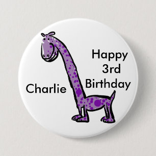 Happy 3rd birthday cartoon (name) dinosaur purple pinback button