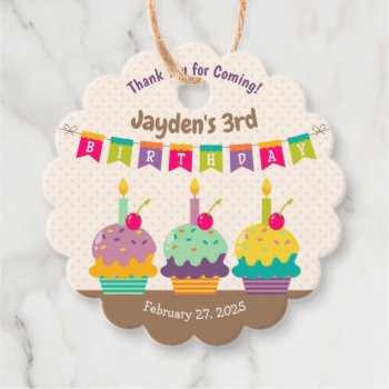 Happy 3rd Birthday Child Colorful Cupcakes Bunting Favor Tags by BCMonogramMe at Zazzle