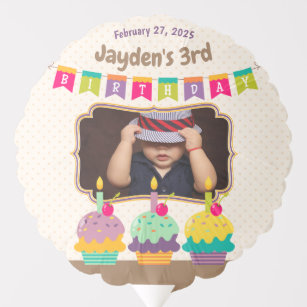 Happy 3rd Birthday Colorful Cupcakes Bunting Photo Balloon