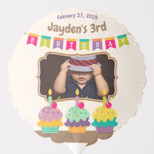 Happy 3rd Birthday Colorful Cupcakes Bunting Photo Balloon
