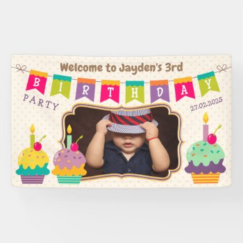 Happy 3rd Birthday Colorful Cupcakes Bunting Photo Banner by BCMonogramMe at Zazzle