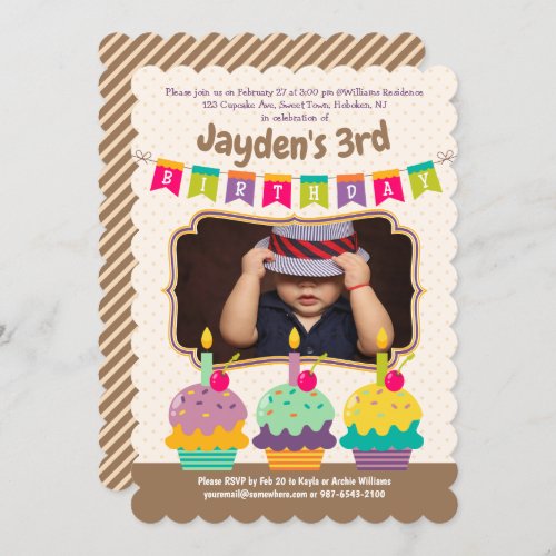 Happy 3rd Birthday Colorful Cupcakes Bunting Photo Invitation