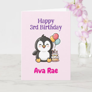 Happy 3rd Birthday, Cute Penguin, Personalized Card
