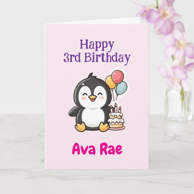 Happy 3rd Birthday, Cute Penguin, Personalized  Card (Orchid)