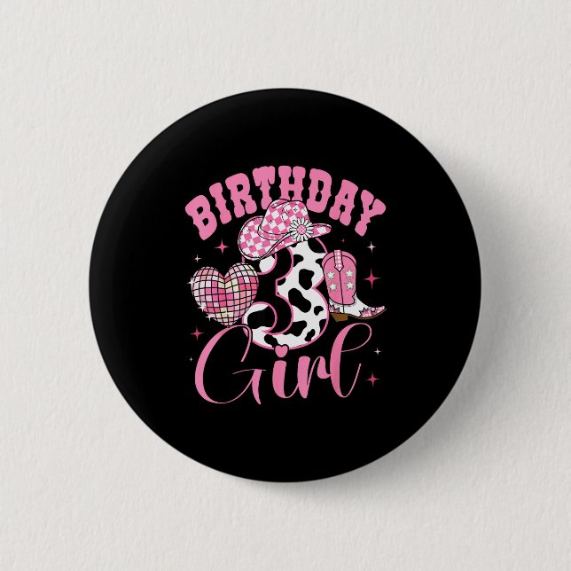 Happy 3rd Birthday Girl Outfit Rodeo Western Cowgi Button (Front)