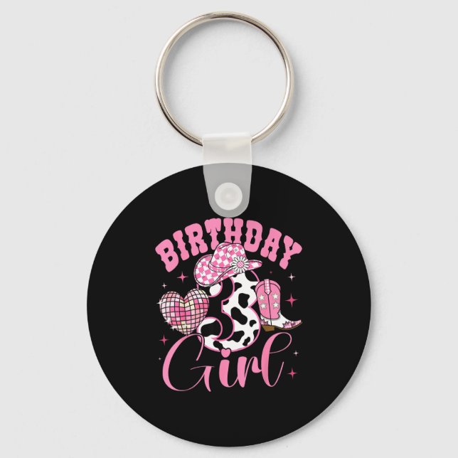 Happy 3rd Birthday Girl Outfit Rodeo Western Cowgi Keychain (Front)