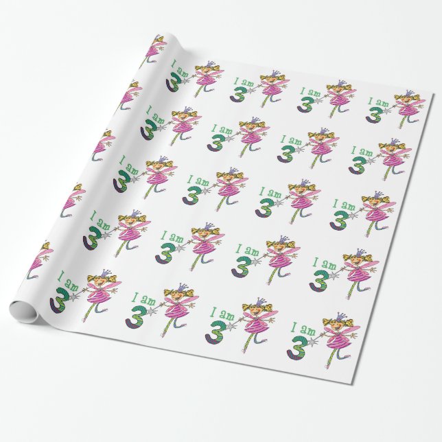 Happy 3rd birthday girl (pink princess fairy) wrapping paper (Unrolled)