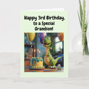 Happy 3rd Birthday Grandson, Dino, Personalized Card