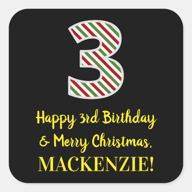 Happy 3rd Birthday & Merry Christmas, Custom Name Square Sticker (Front)