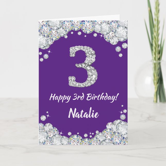 Happy 3rd Birthday Purple and Silver Glitter Card (Front)