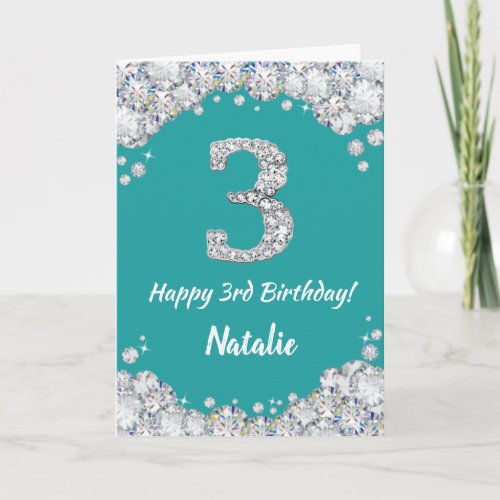 Happy 3rd Birthday Teal and Silver Glitter Card