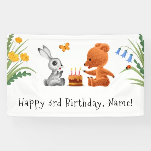 Happy 3rd Birthday Teddy Bear Bunny Cake Candles Banner