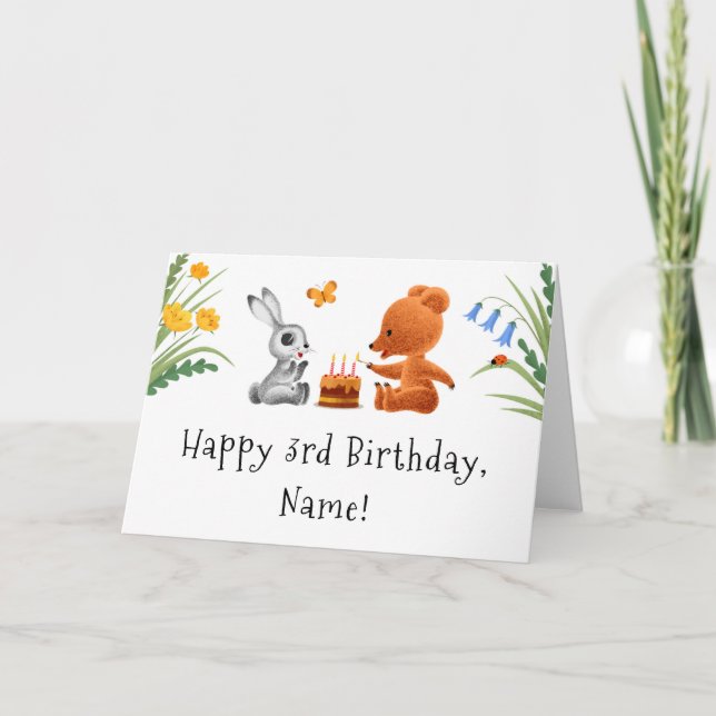Happy 3rd Birthday Teddy Bear Bunny Cake Candles Card (Front)